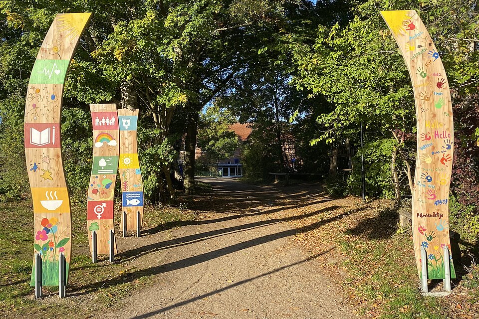 Eingang zum Schulgelaende - 17 Ziele für nachhaltige Entwicklung sind auch unsere Ziele